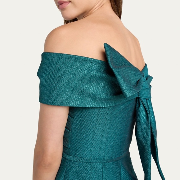 Rickie Freeman Teri Jon Emerald Off Shoulder Metallic Jacquard Bow Mini Dress - Picture 3 of 4